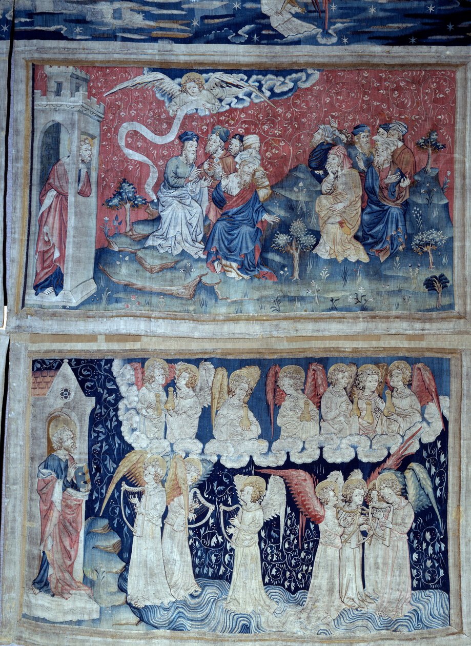تعليق الوحي (1373-1383) ، ن. 49: الملاك الأول يعلن النصر. أدناه ، ن. 56 ، الملائكة السبعة يحملون سبع زجاجات من غضب الله. نسيج لنيكولاس باتاي (1330-1405) بواسطة نيكولاس باتايل