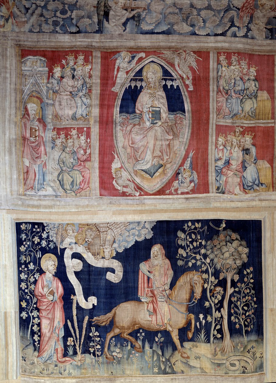 تعليق الوحي (1373-1383) ، ن. 4: تمثيل المسيح في الجلال (يتم تمثيل يسوع المسيح في المجد داخل هاندورلا) أو رباعي الشكل. ن. 9: الحصان الأحمر والحرب. نسيج لنيكولاس باتاي (1330-1405) بواسطة نيكولاس باتايل