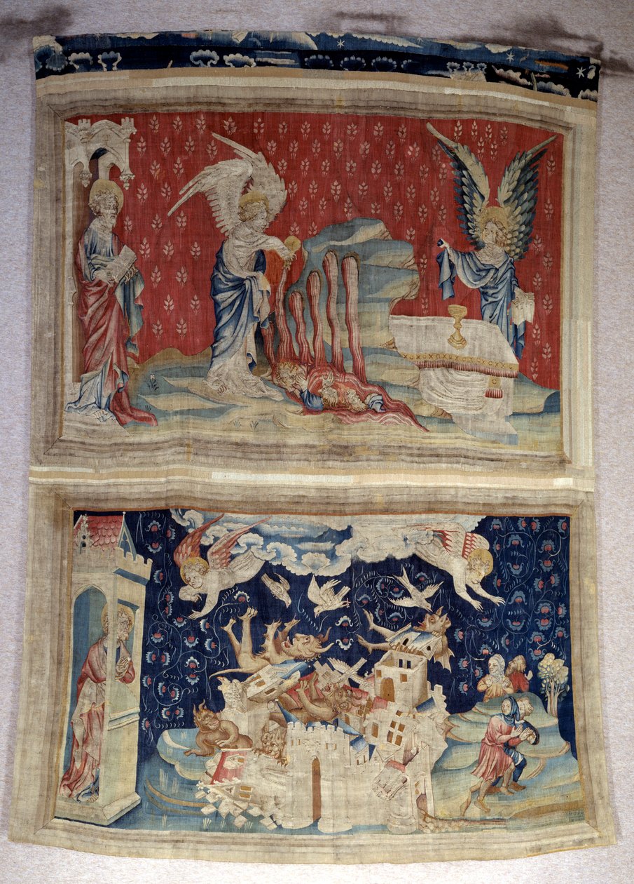 تعليق الوحي (1373-1383) ، ن. 59: القنيتان الثانية والثالثة المتدفقتان على البحر والمياه. الطابق السفلي ، ن. 66 ، تم غزو بابل من قبل الشياطين. نسيج لنيكولاس باتاي (1330-1405) بواسطة نيكولاس باتايل