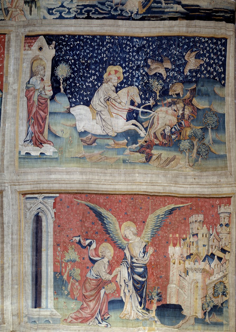 تعليق الوحي (1373-1383) ، ن. 70: كلمة الله تحمّل البنجر. ن. 74: القديس يوحنا أمام الملاك وأورشليم الجديدة. نسيج لنيكولاس باتاي (1330-1405) بواسطة نيكولاس باتايل
