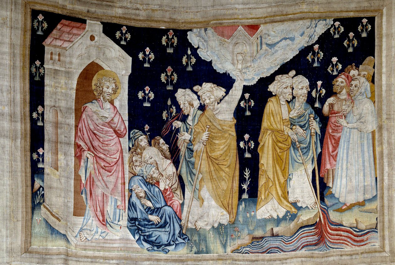 تعليق الوحي (1373 - 1383) ، ن. 28: المعجزة. فيدل عباد الله والأنبياء ينظرون إلى النهر تحول إلى دم. نسيج لنيكولاس باتاي (1330-1405) بواسطة نيكولاس باتايل