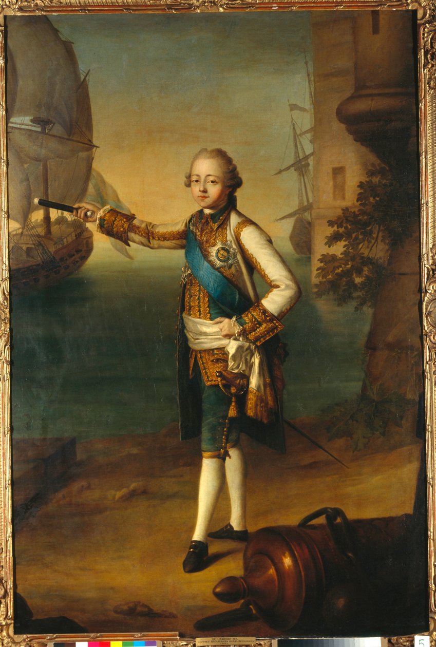 صورة للدوق الأكبر بافيل بتروفيتش (1754-1801، بول الأول ملك روسيا) بزي الأدميرال (صورة للدوق الأكبر بافيل بتروفيتش بزي الأدميرال) - لوحة لنيكولاس بنجامين ديلابيير (1739-1802)، زيت على القماش بواسطة نيكولاس بنيامين ديلابيير