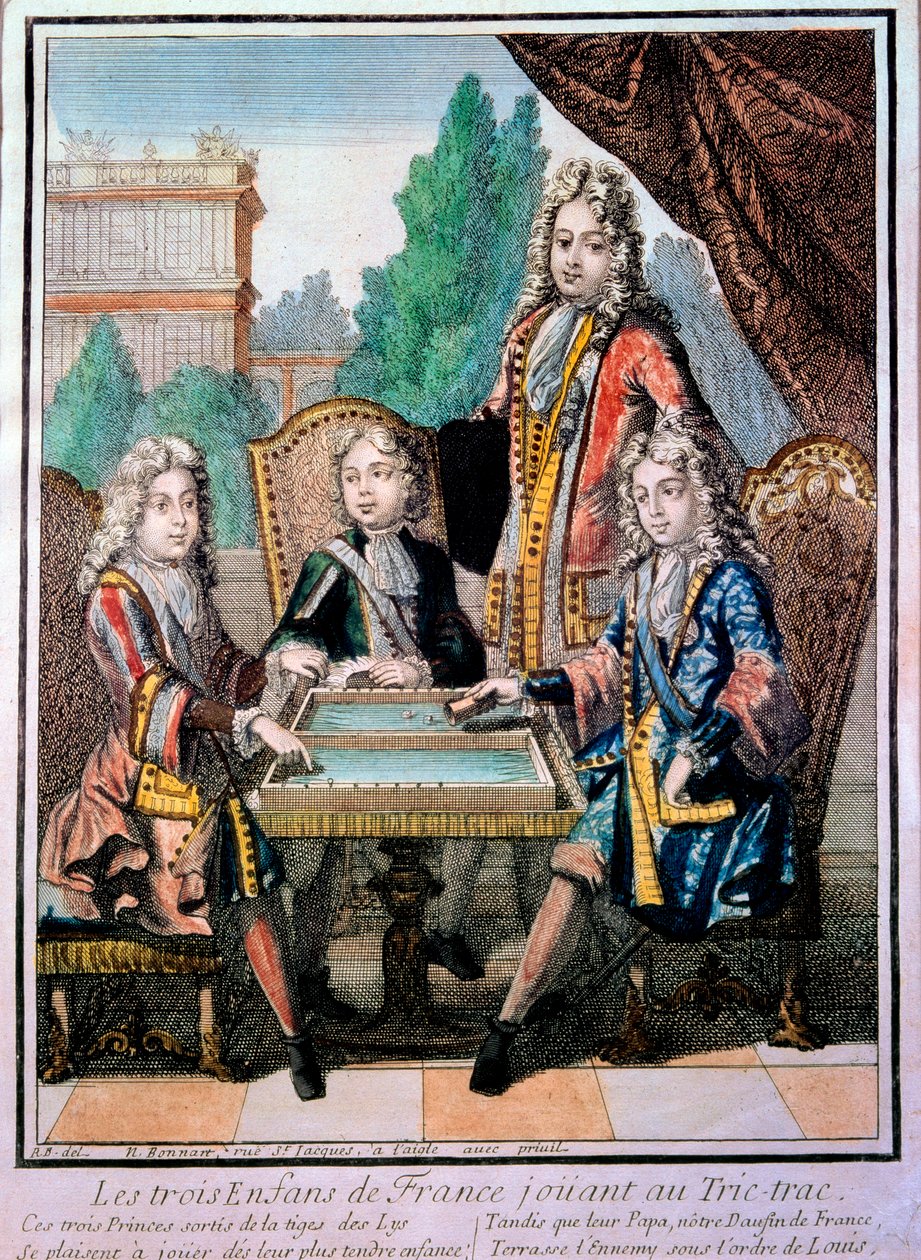أحفاد لويس الرابع عشر (1638-1715) ، لويس دوق بورغندي (ت 1712) ، فيليب ، دوق أنجو (1683-1746) ، وتشارلز ، دوق بيري مع والدهم لويس (المتوفي 1711) ، دولفين فرنسا ، تلعب تريك تراك (Trictrac أو Trictrac: سلف الباكجا بواسطة نيكولاس بونارت