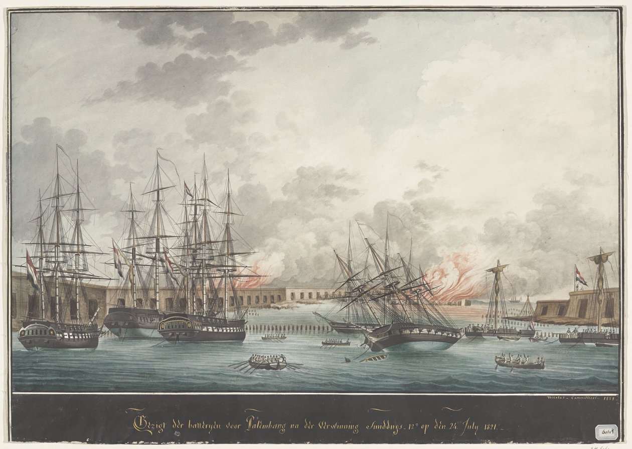 منظر للبطاريات قبل باليمبانج بعد Verwinning في فترة ما بعد الظهر - 12 ظهرًا. في 24. يوليو 1821 (العنوان على الكائن) بواسطة نيكولاس كاميلييري