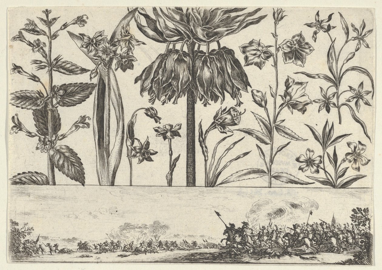 لوحة أفقية بصف من الزهور فوق إفريز مع مشهد معركة في منظر طبيعي ، ... ، 1645. بواسطة نيكولاس كوتشين