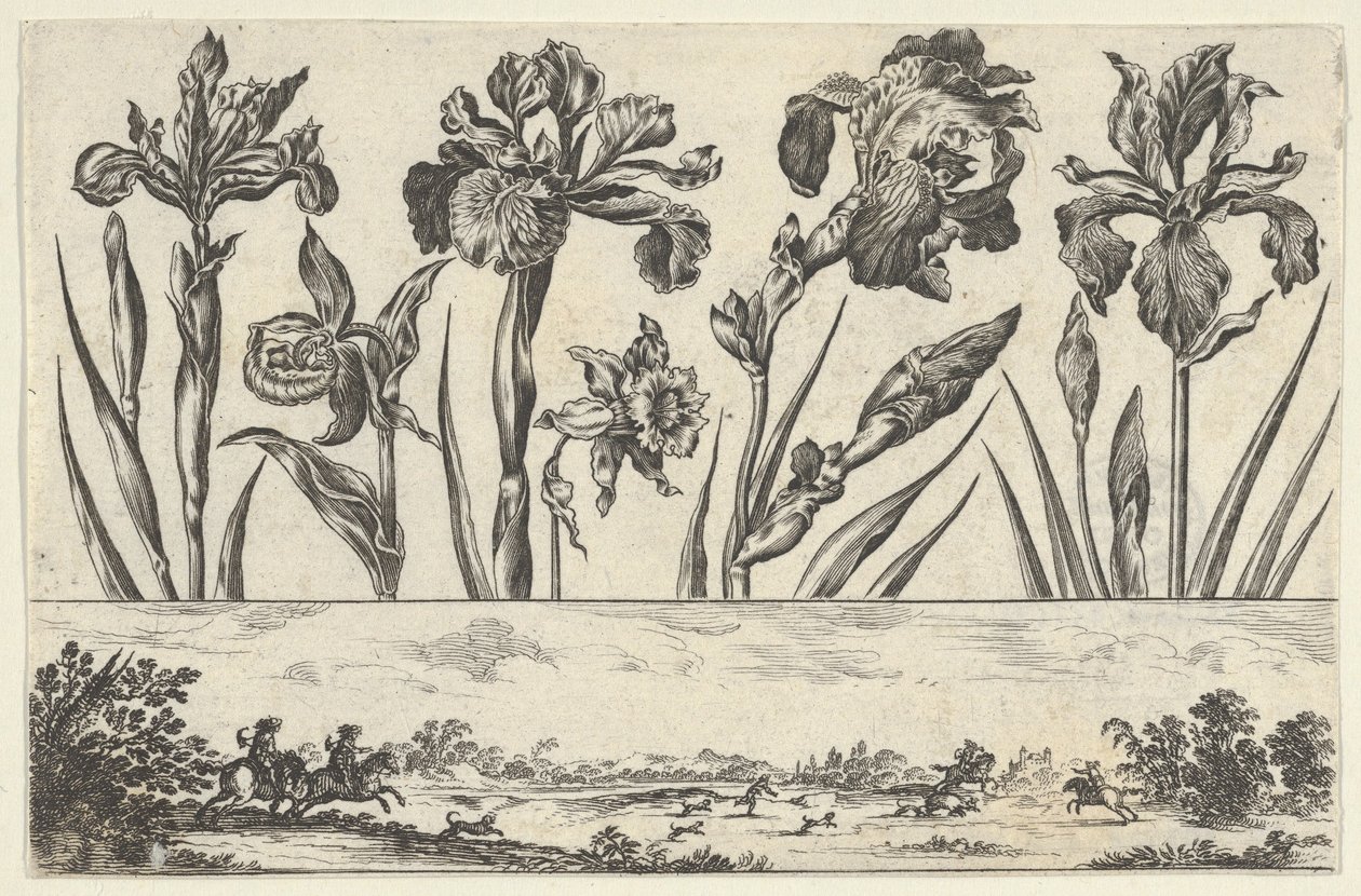 لوحة أفقية بها صف من الزهور فوق إفريز مع مشهد صيد في منظر طبيعي ، ... ، 1645. بواسطة نيكولاس كوتشين