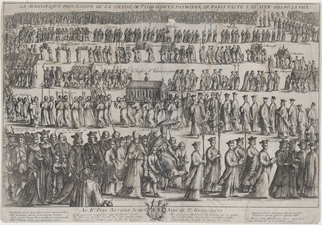 موكب تابوت القديس جينيفيف ، مع رجال الدين والعلمانيين يسيرون في ستة صفوف ... ، 1652. بواسطة نيكولاس كوتشين