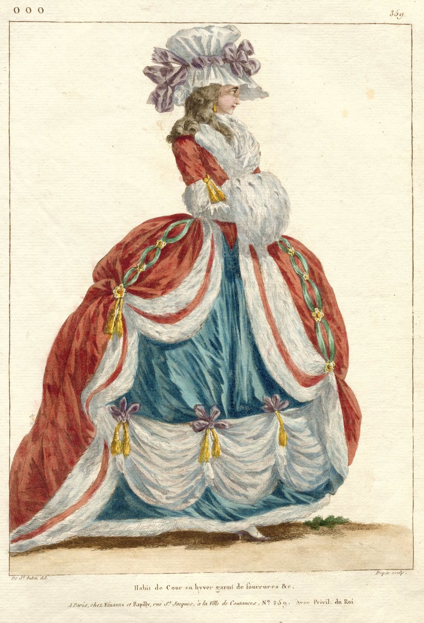 ماري أنطوانيت: ملكة الموضة: معرض الأزياء والأزياء الفرنسية Gallerie des Modes et Costumes Francais، 1787، ooo.359، فستان المحكمة في الشتاء (العنوان على الكائن) بواسطة نيكولاس دوبين