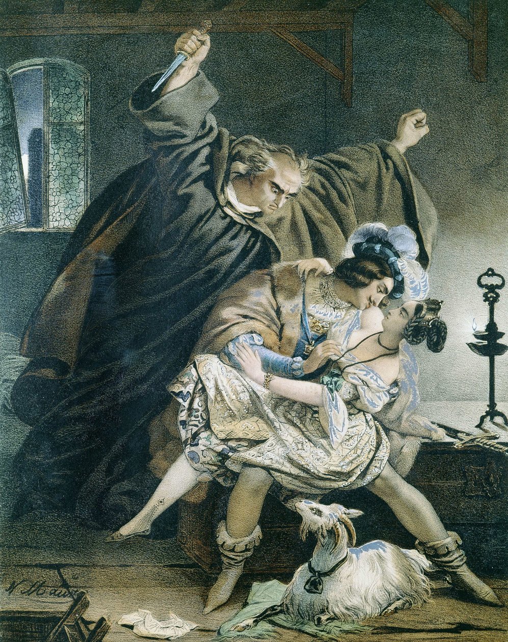 إزميرالدا ، Phoebus وكلود فرولو (نوتردام دي باريس) لفيكتور هوغو رسم لنيكولاس أوستاش مورين 1799-1850 مجموعة خاصة. بواسطة نيكولاس أوستاش مورين