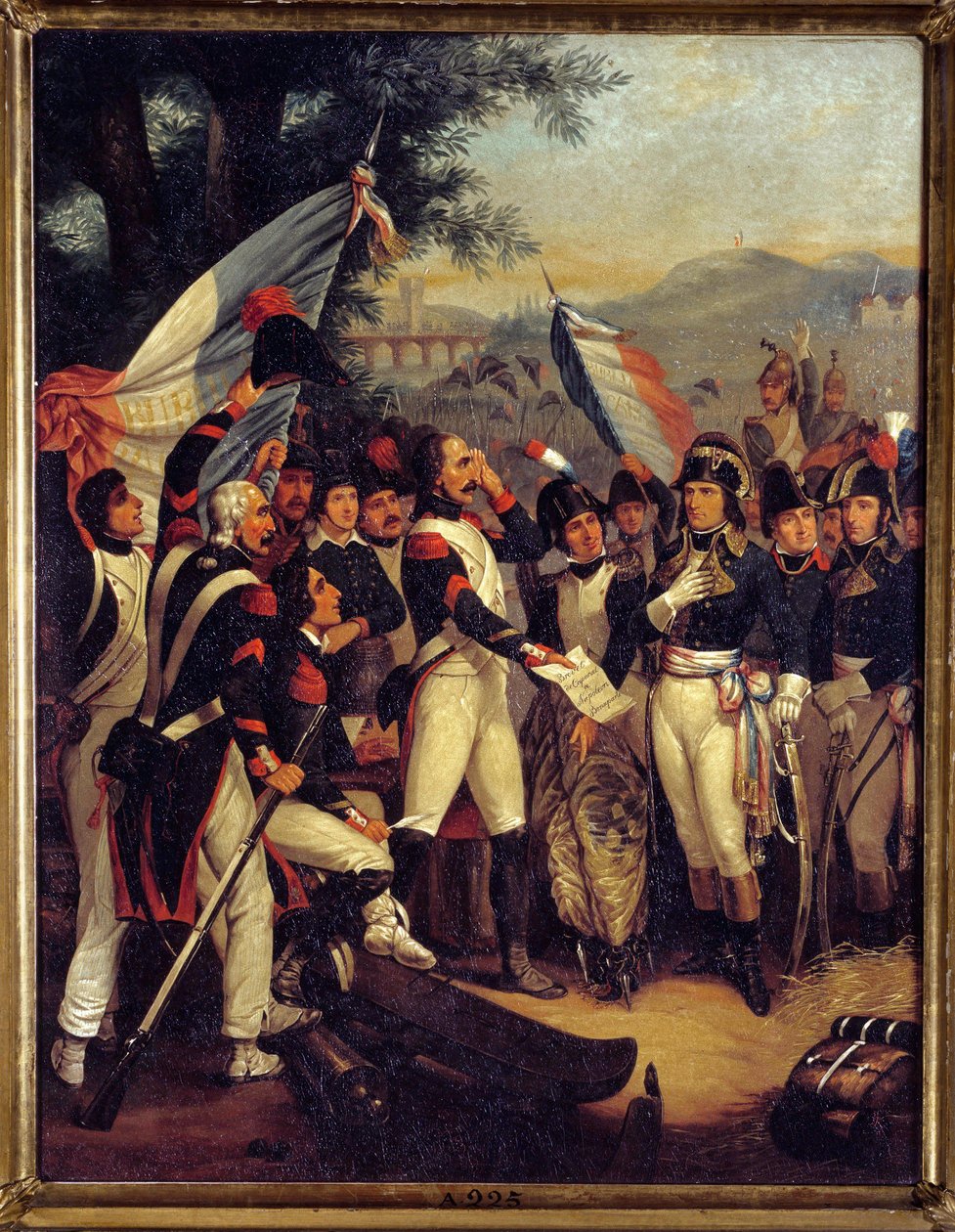 شهادة العريف لودي 10/05/1796 حصل نابليون بونابرت (1769-1821) على شهادة عريف. رسم نيكولا يوستاش مورين (1799-1850) 1799 صن. 0،42x0،33 م إيل دايكس ، متحف نابليون بواسطة نيكولا يوستاش مورين