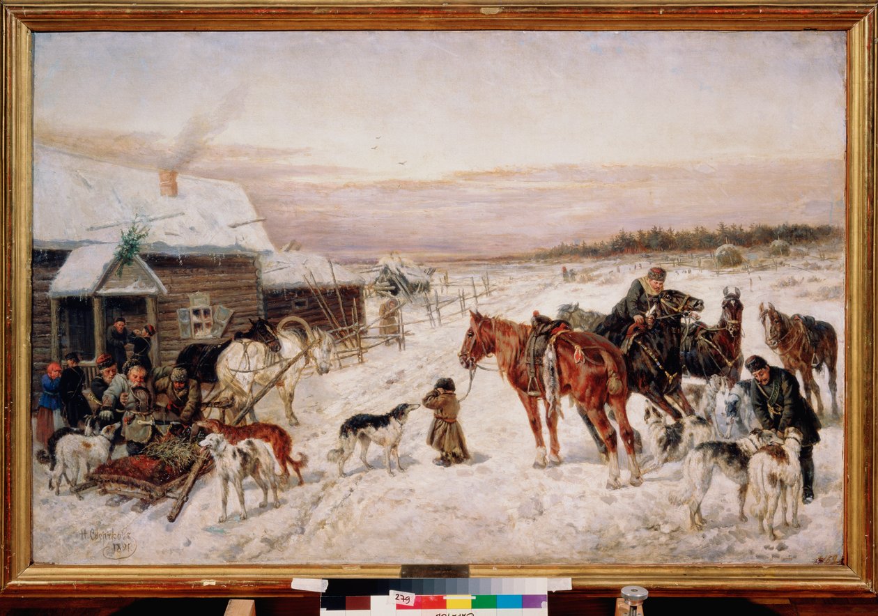 قبل الحانة في الشتاء - رسم لنيكولاي إيجوروفيتش سفيرشكوف (نيكولاس سويرتشكوف) (1817-1898) ، زيت على قماش بواسطة نيكولاس جريجوروفيتش سفيرتشكوف