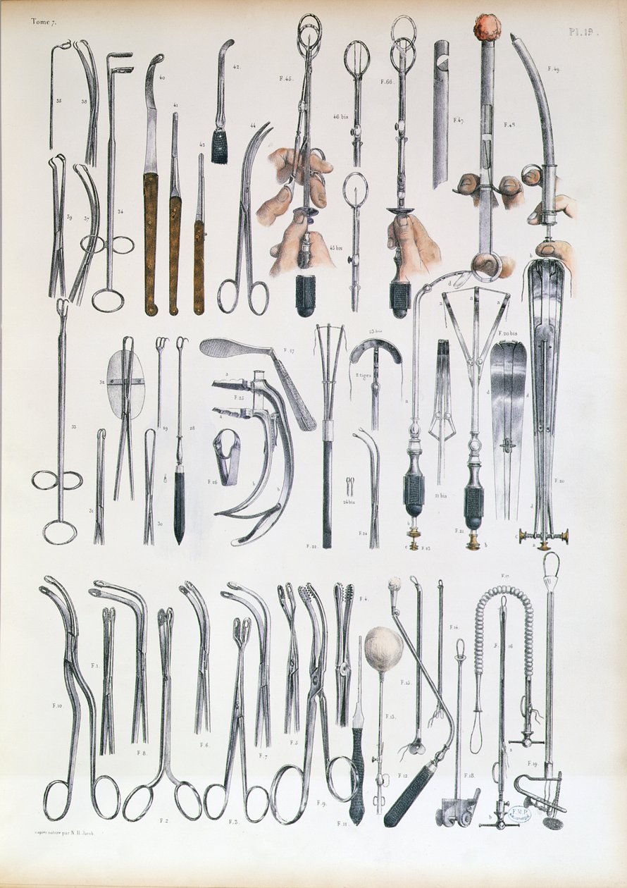 الأدوات الجراحية لعمليات اللوزتين ، صفيحة من "Traite Complet de l&39;Anatomie de l&39;Homme" بواسطة Jean-Baptiste Marc Bourgery (1797-1849) 1866-67 بواسطة نيكولا هنري جاكوب