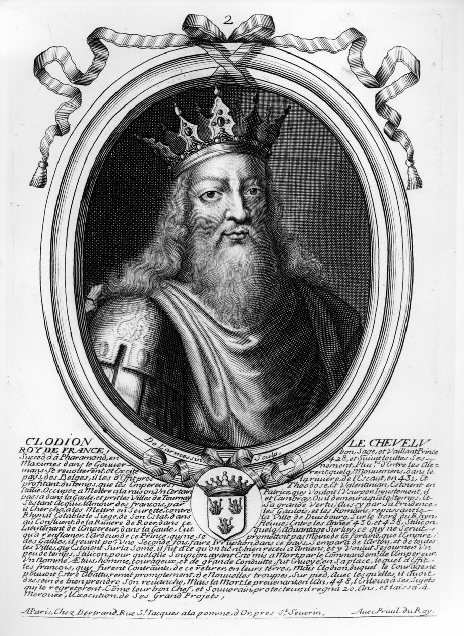 Clodion The Hairy (c.428-47) من "تمثيلات أوغست لجميع ملوك فرنسا من فاراموند إلى لويس الرابع عشر" ، باريس ، 1679 بواسطة نيكولاس الثاني دي لارميسين
