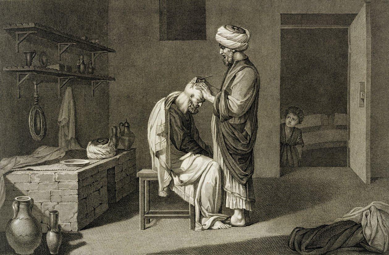 الحلاق ، من المجلد الثاني فنون وحرف "وصف مصر" ، نقش بواسطة حانة إتيان فريدريك ليجنون (1779-1833). بأوامر من نابليون بواسطة نيكولاس جاك (بعد) كونتي