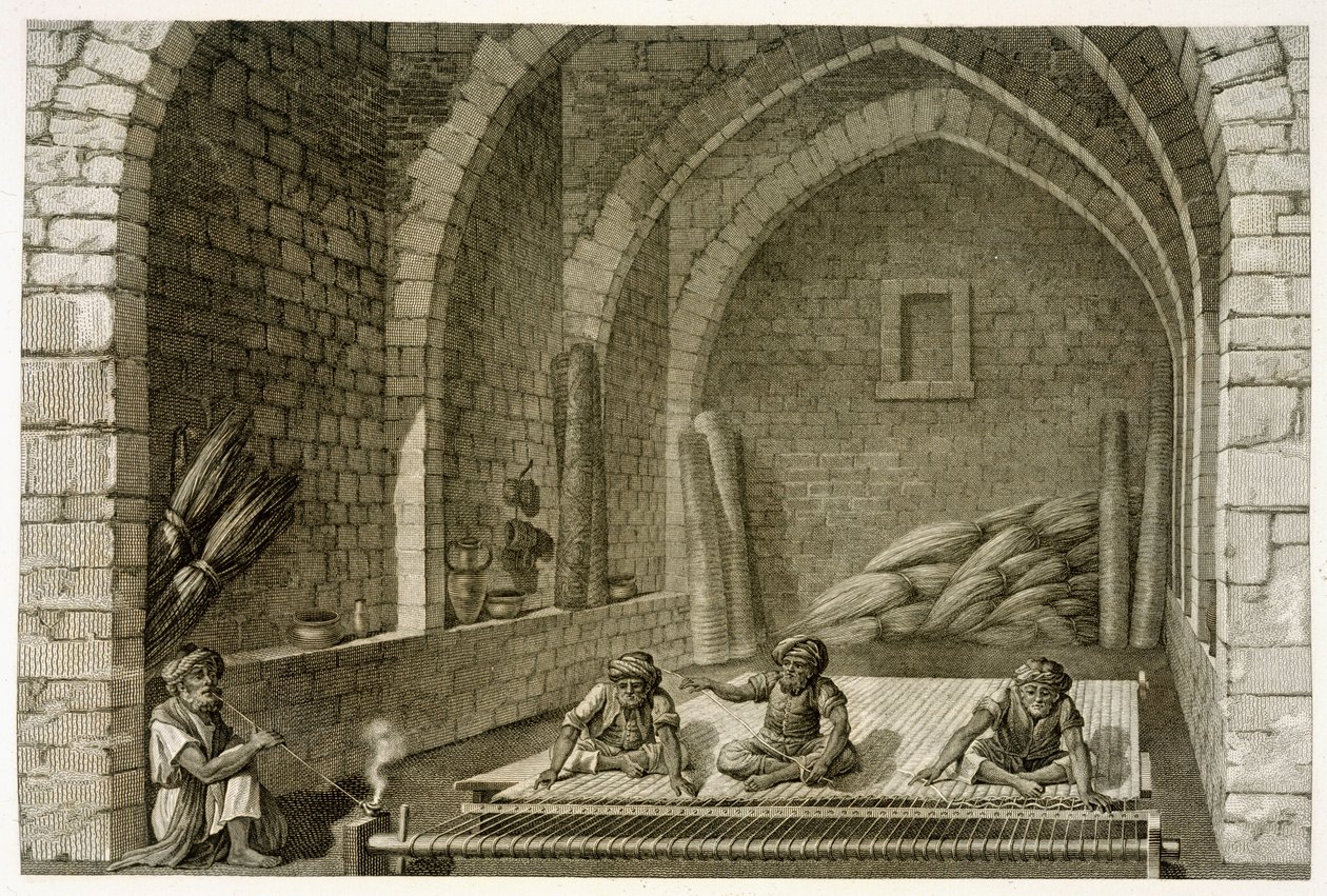 نسج سجادة ، من المجلد الثاني فنون وتجارة "وصف مصر" ، حانة. تحت أوامر نابليون 1822 بواسطة نيكولاس جاك كونتي