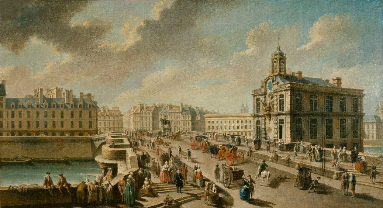 مضخة Pont-Neuf و Samaritaine ، كما تظهر من Quai de la Mégisserie ، 1777. بواسطة نيكولاس جان بابتيست راجوينت
