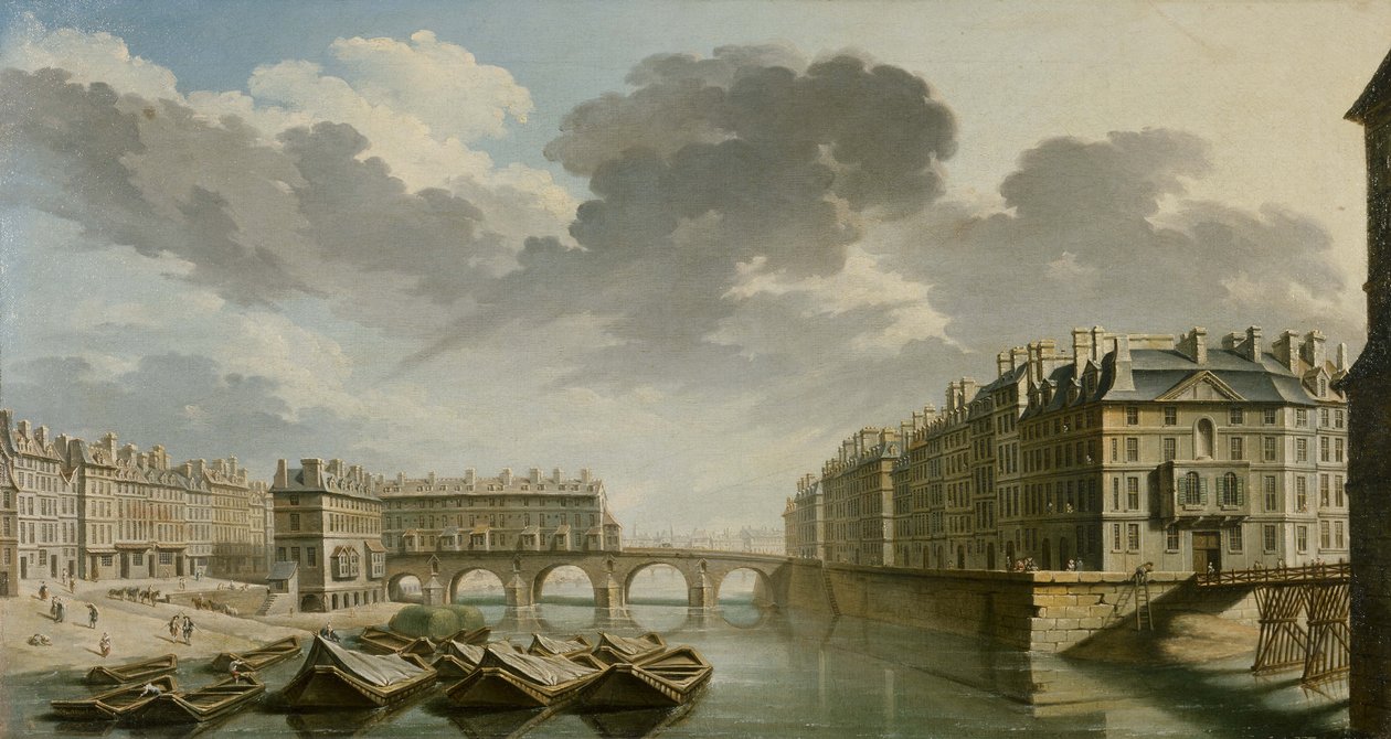 The Quai des Ormes وجسر ماري وجزيرة سانت لويس 1757. بواسطة نيكولاس جان بابتيست راجوينت