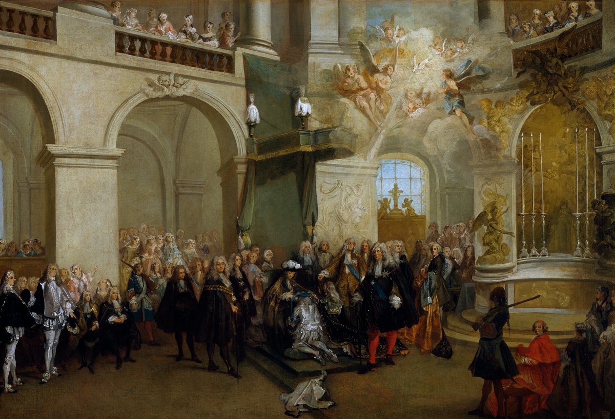 Conferring of the Order of the Holy Spirit in the chapel of Versailles, June 3rd 1724 (oil on canvas) بواسطة نيكولاس لانكريت