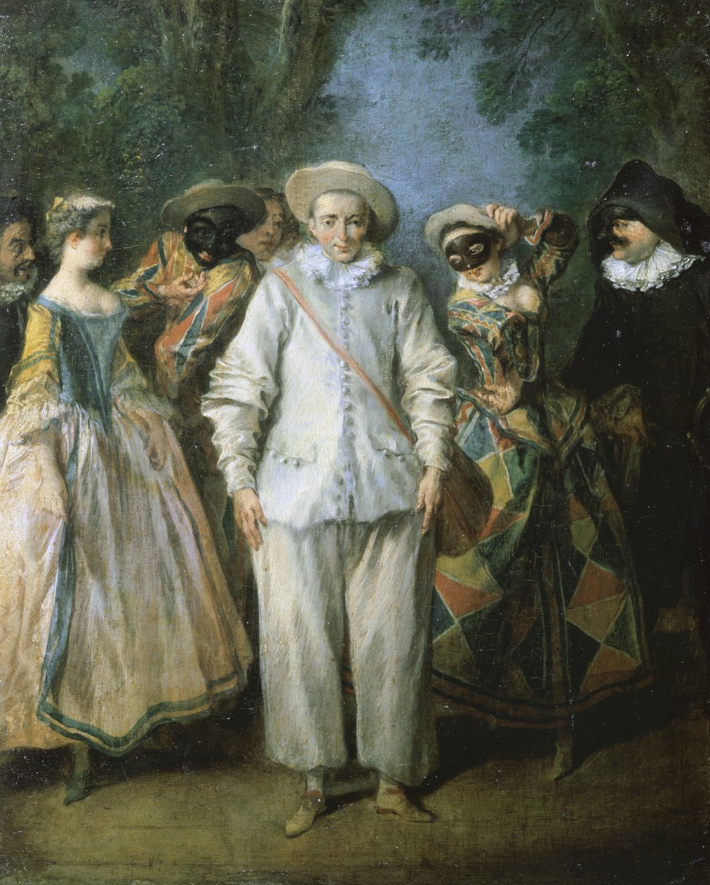 ممثلو الكوميديا الإيطالية، أو المسرح الإيطالي، ج.1725-28 (زيت على خشب) بواسطة نيكولاس لانكريت