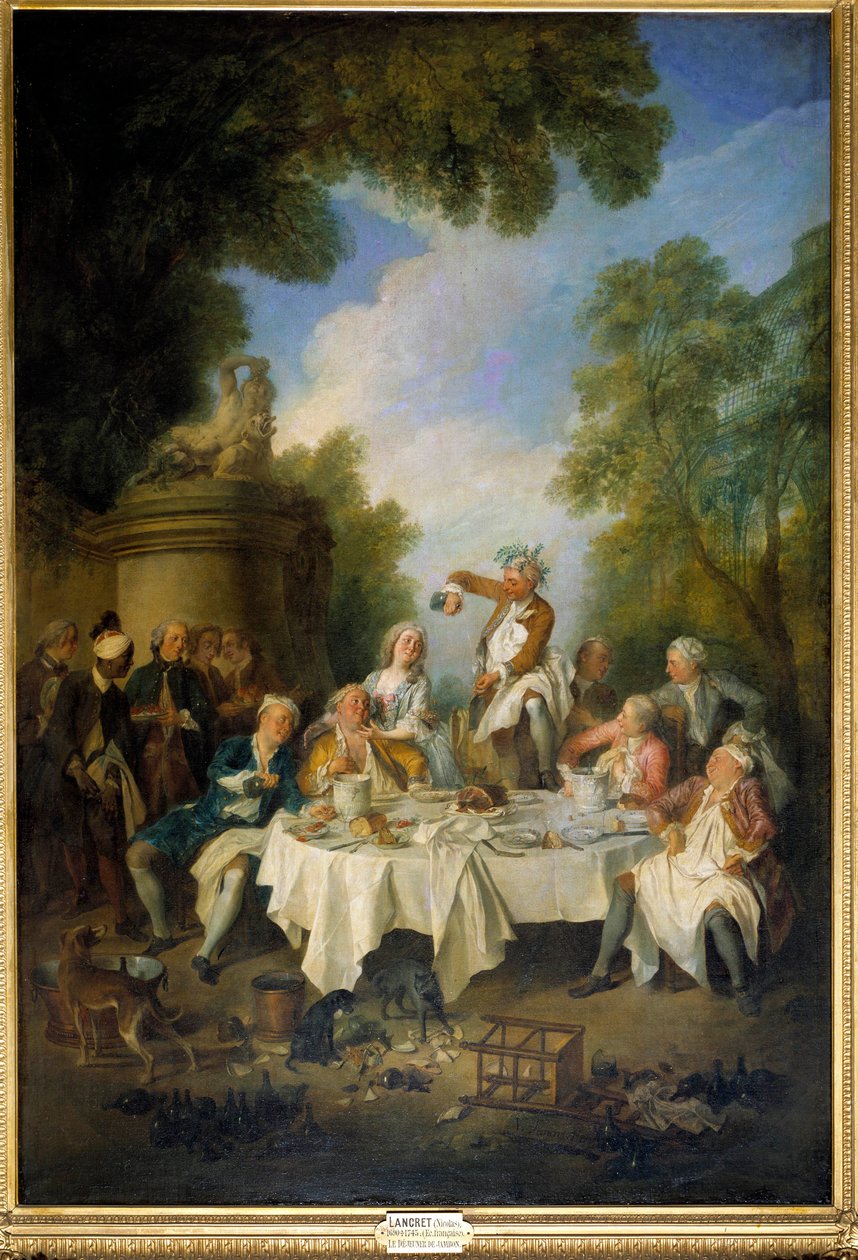 غداء "مشهد لحم الخنزير" مأدبة بلد حول لحم الخنزير في طبقة النبلاء. رسم نيكولا لانكرت (1690-1743) 1735. الشمس 1،8x1،2 م شانتيلي ، متحف كوندي بواسطة نيكولاس لانكريت
