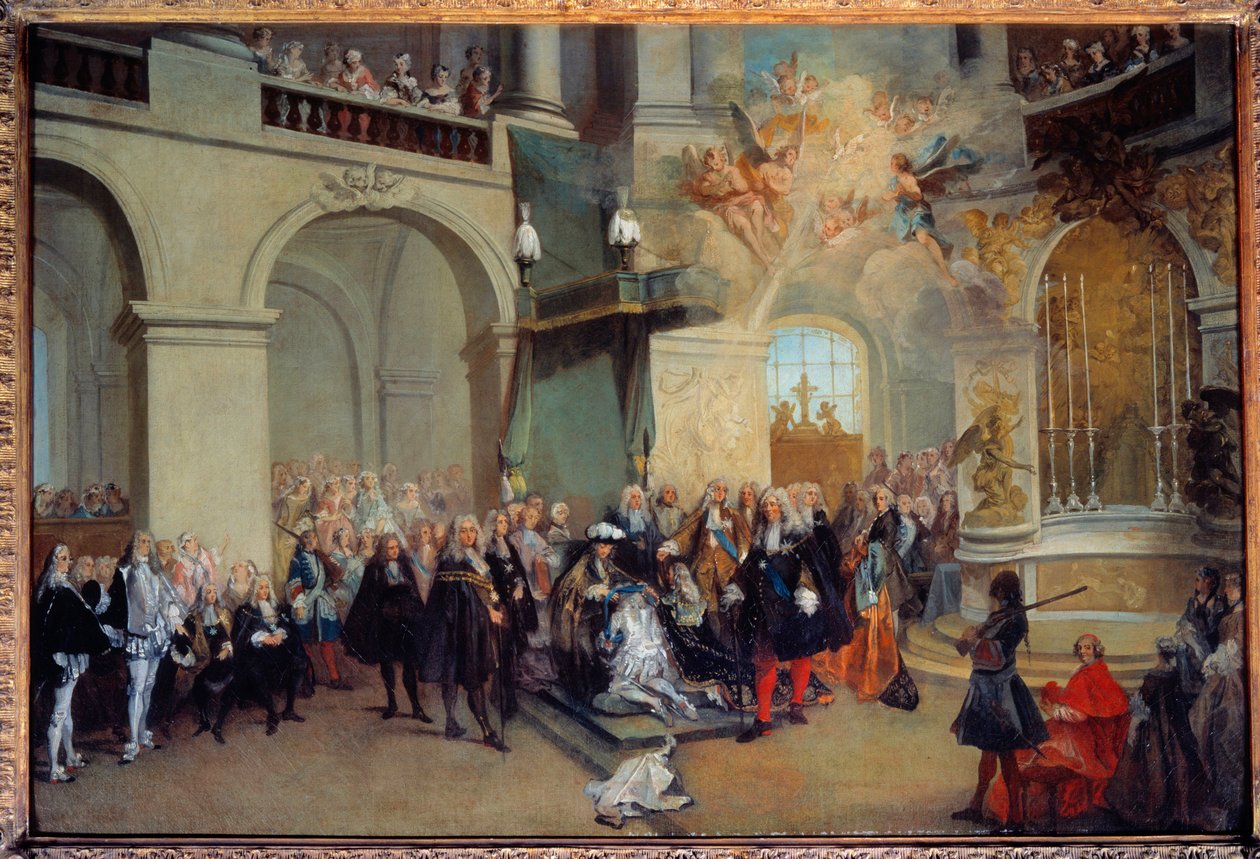 تسليم وسام الروح القدس (وسام الروح القدس) في كنيسة فرساي 3/06/1724 رسم نيكولا لانكرت (1690-1743) 1724 صن. 0،56 × 0،81 م بواسطة نيكولاس لانكريت