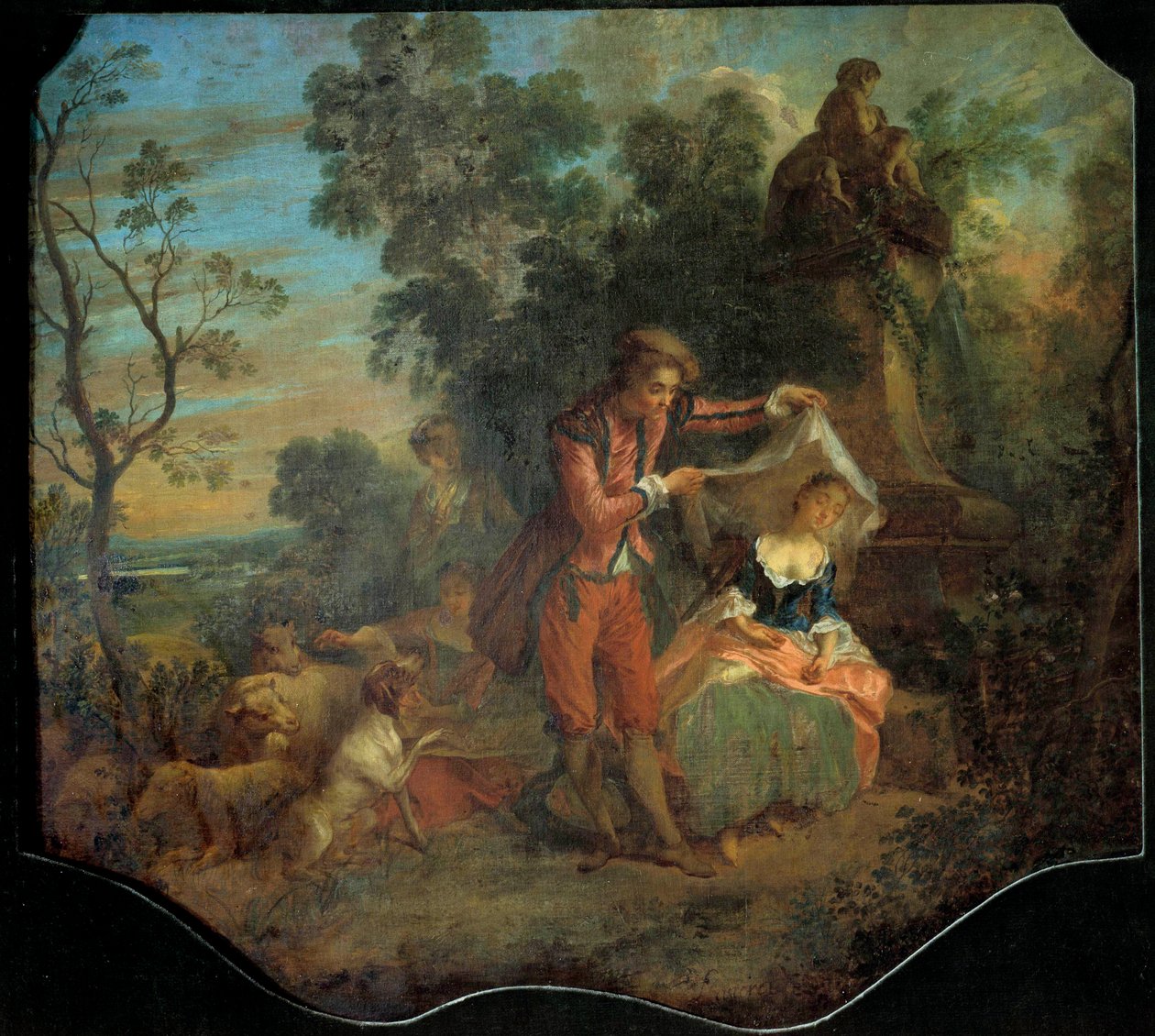 مشهد راعي غنم غير حكيم يصور راعيًا شابًا يرفع الحجاب الذي ينام تحته راعي صغير. رسم نيكولا لانكرت (1690-1743). القرن الثامن عشر. 0.84 × 0.95 م. جولات متحف الفنون الجميلة بواسطة نيكولاس لانكريت