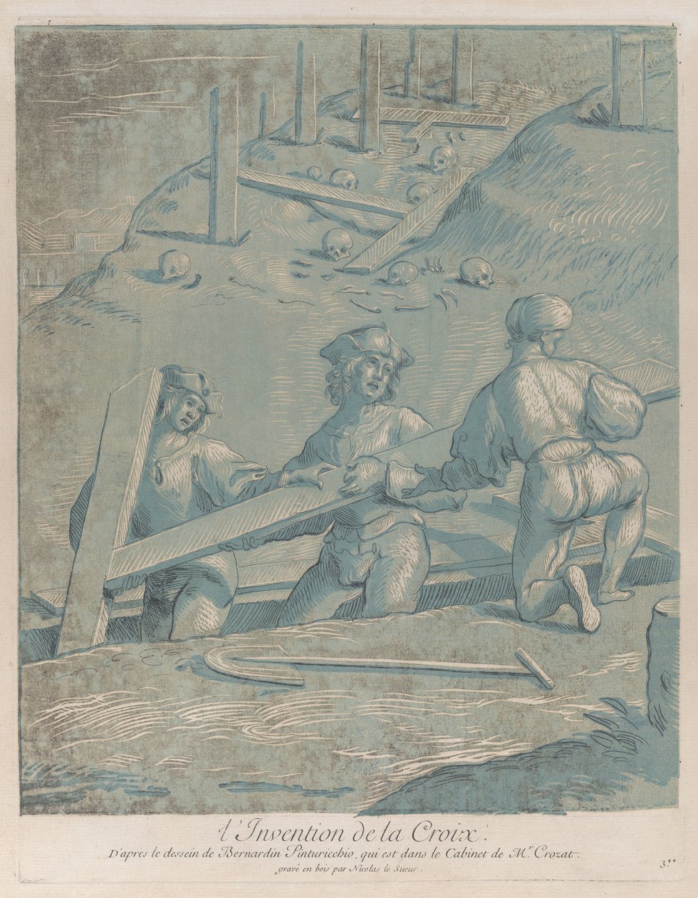 اختراع الصليب ، ثلاثة رجال يرفعون صليبًا من خندق ، من 'Recueil ...، ca. 1729 - 64. بواسطة نيكولا لو سوير