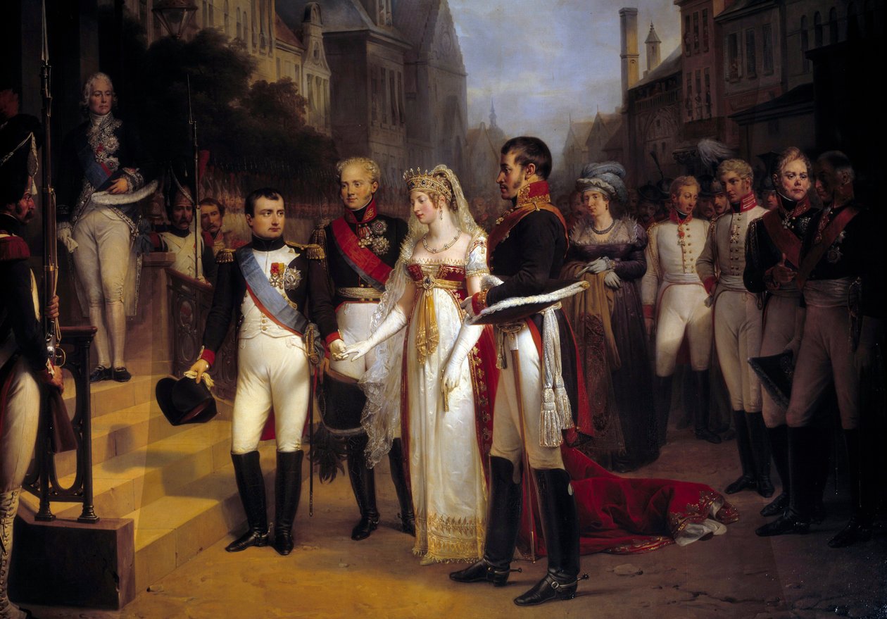استقبل الإمبراطور نابليون بونابرت (1769-1821) ملكة بروسيا لويز في تيلسيت (تيلسيت) في 6/7/1807. على الدرج ينتظر الدبلوماسي Talleyrand. رسم نيكولا لويس جوس (1787-1878) 1837 صن. 3،51x4،92 م فرساي ، متحف القصر - The بواسطة نيكولاس لويس فرانسوا جوس