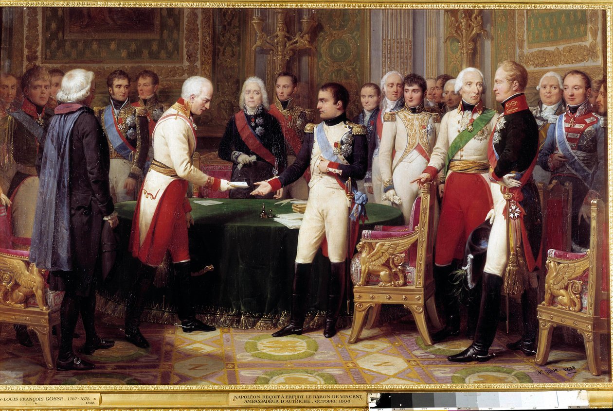 The interview of Erfurt, 27 September - 14 October 1808: Napoleon I receiving Baron Vincent, an Austrian diplomat and sent from the Emperor of Austria. In the middle between the two characters we see Charles Maurice of Talleyrand Perigord (1754-1838). Pain بواسطة نيكولاس لويس فرانسوا جوس