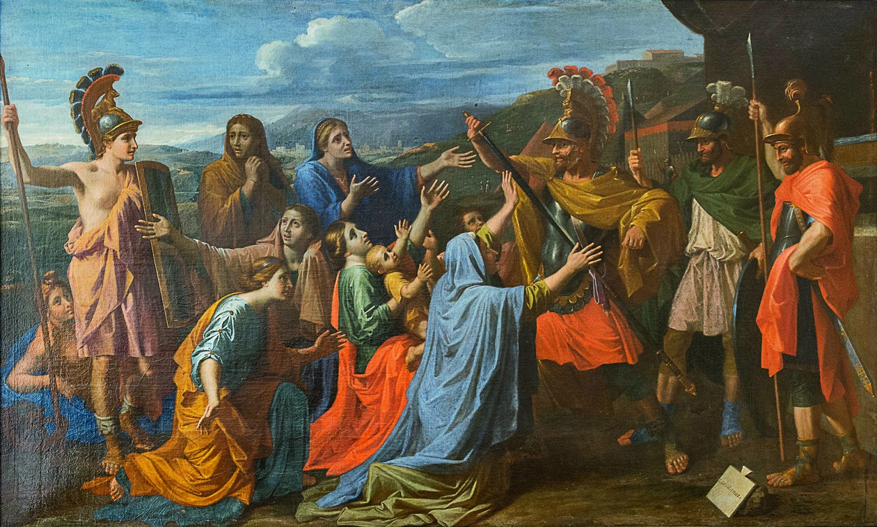 أقنع كوريولانوس عائلته بتجنيب روما فيتوريا عند أقدام كوريولانوس ، حوالي عام 1652. بواسطة نيكولاس بوسين
