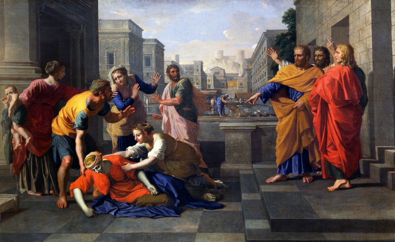 Death of Sapphira, wife of Ananias, who fell burning at St Peter