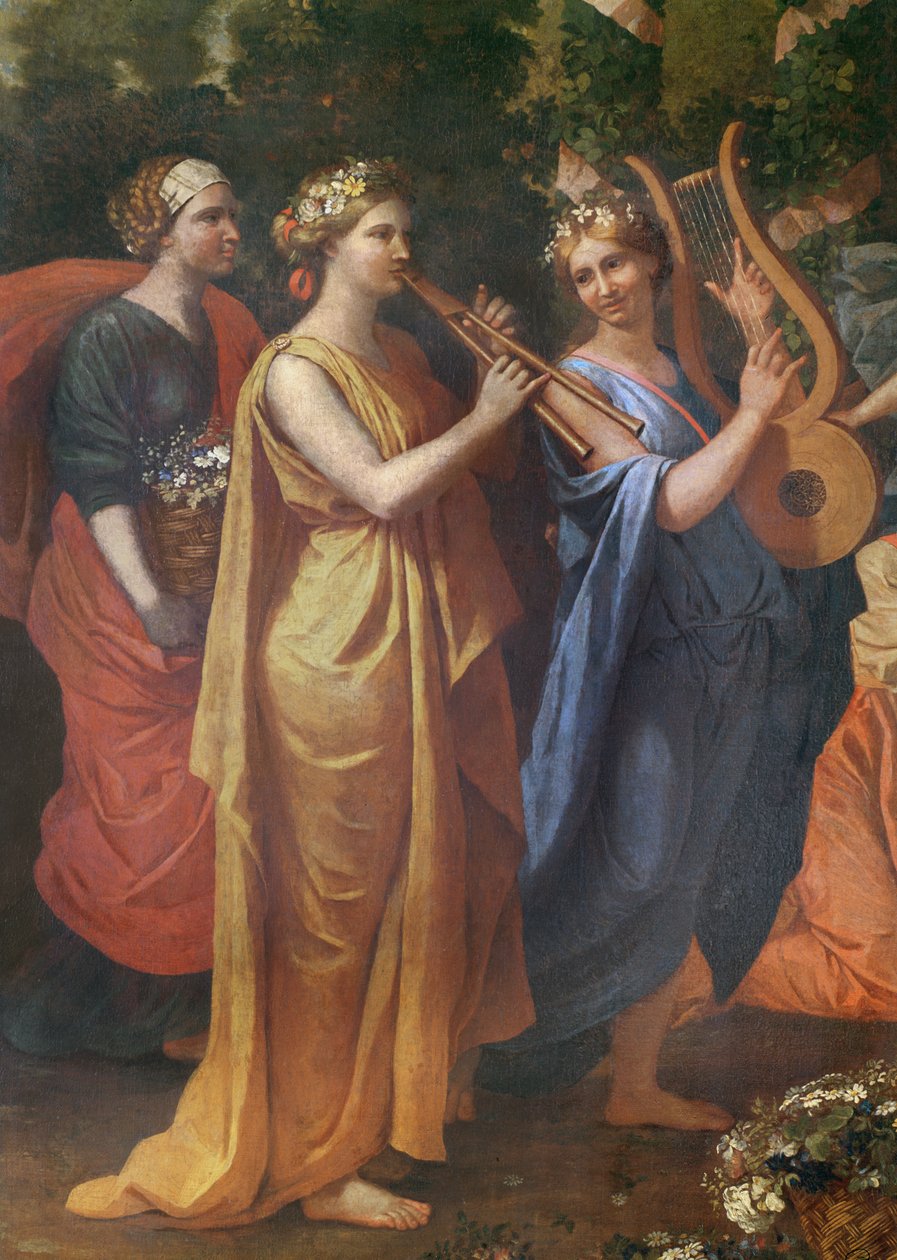 Hymenaios متنكرا في زي امرأة أثناء القربان إلى Priapus ، تفاصيل الموسيقيين ، 1634-38 بواسطة نيكولاس بوسين