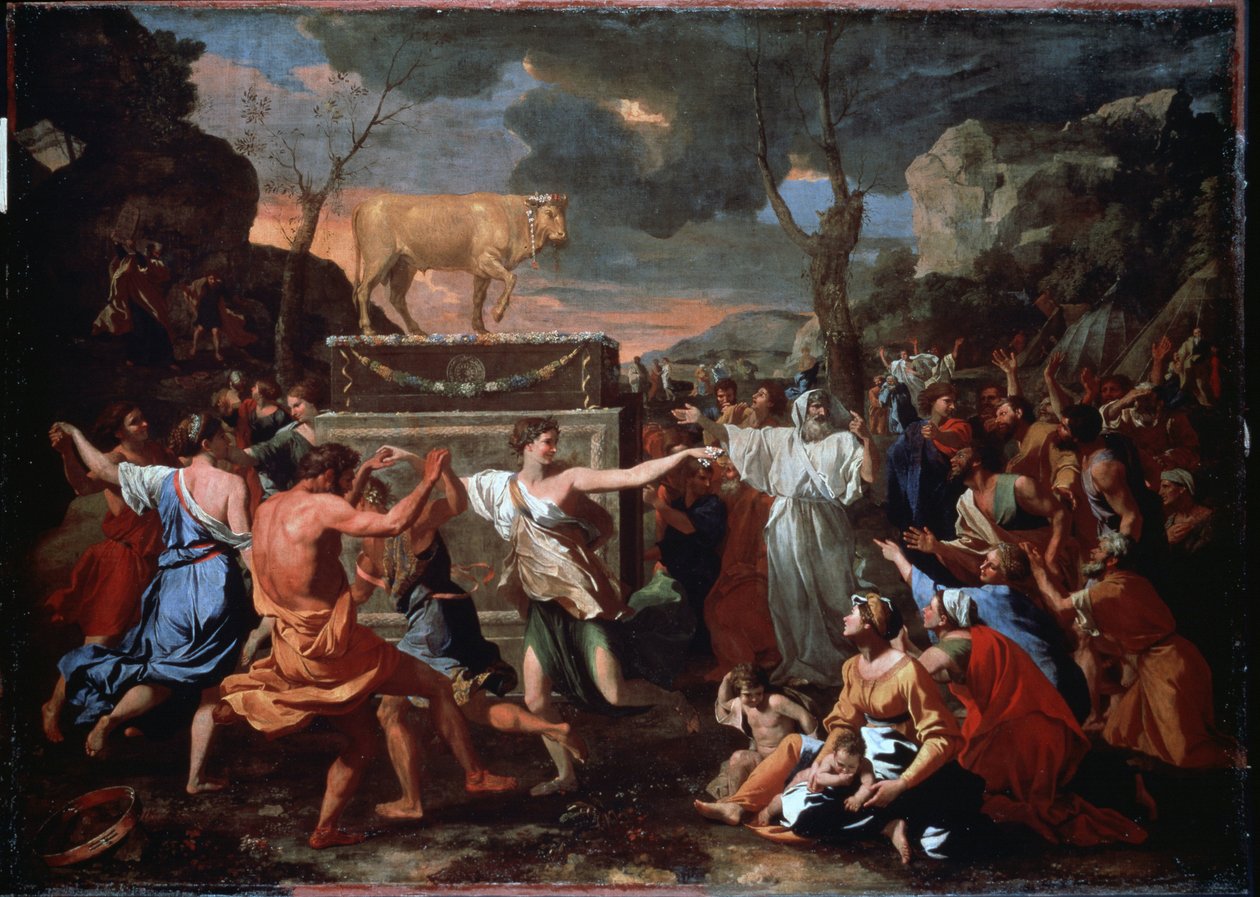 العشق من العجل الذهبي. كان الشعب العبري يرقصون حول تمثال العجل الذهبي. رسم نيكولا بوسين (1594-1665) بواسطة نيكولاس بوسين