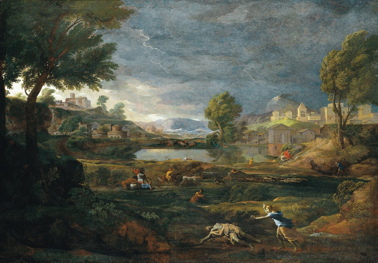 المناظر الطبيعية خلال عاصفة رعدية مع Pyramus و Thisbe بواسطة نيكولاس بوسين