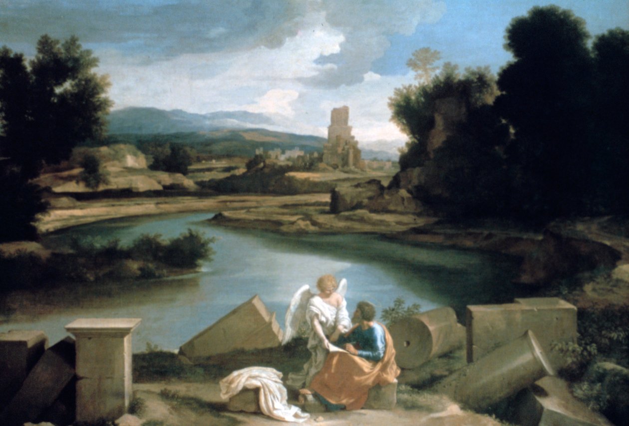 منظر طبيعي مع سانت ماثيو والملاك ، c1645 بواسطة نيكولاس بوسين