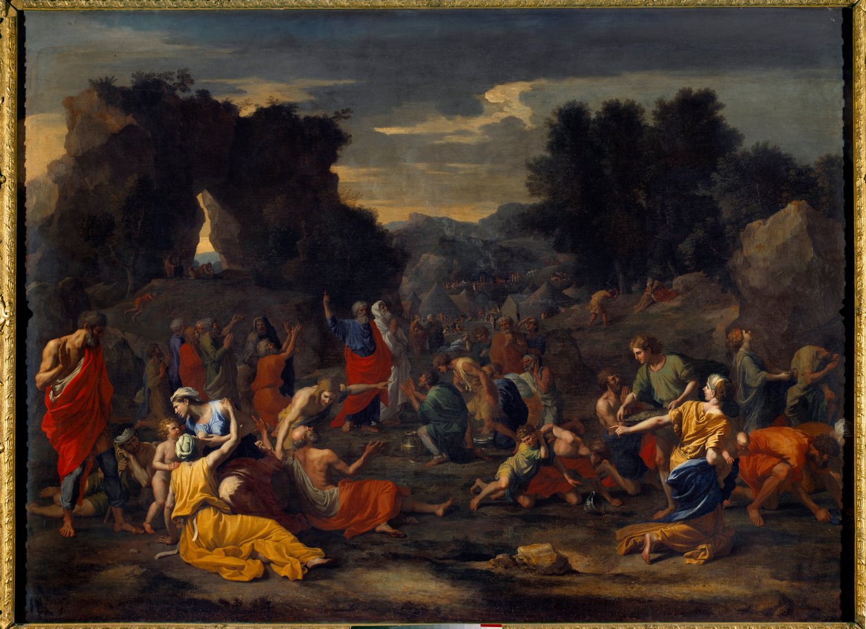 بنو إسرائيل يجمعون المن (المن) في الصحراء. لوحة نيكولا بوسين (1594-1665) بواسطة نيكولاس بوسين