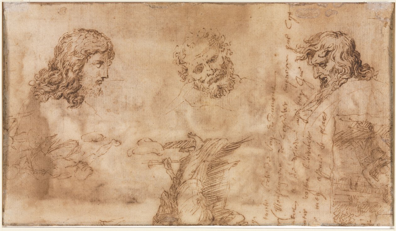 ثلاثة رؤوس ورسم تخطيطي آخر ، 1643-1644. بواسطة نيكولاس بوسين