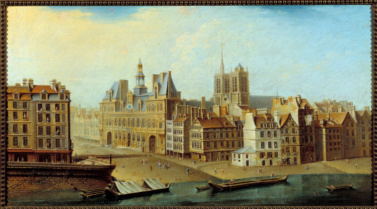 منظر لفندق دي فيل وبليس دي جريف في باريس عام 1750 رسم نيكولاس جان بابتيست راغوينت (1715-1793) 1750 صن. 0،46x0،83 م باريس ، متحف كارنافالي بواسطة نيكولاس راجوينت