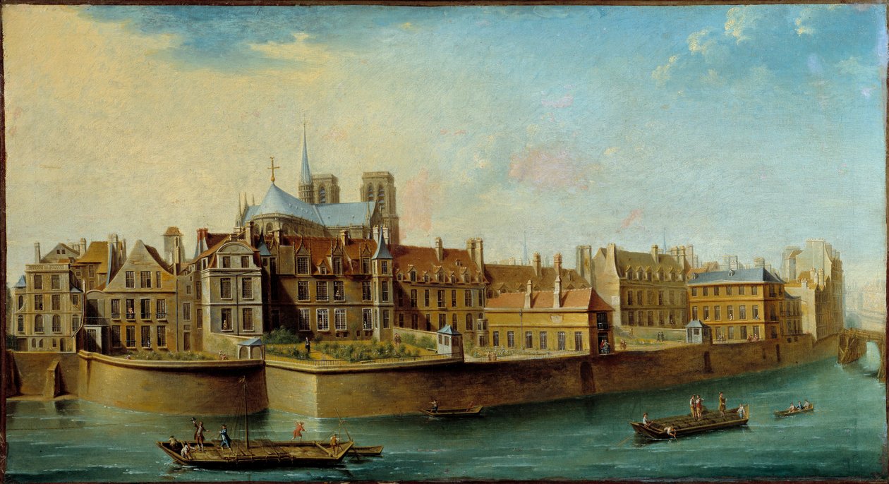 View of the Ile de la Cite with the apse of the Cathedrale Notre Dame and the Quai aux Fleurs from the Ile Saint Louis in Paris Painting by Nicolas Raguenet (1715-1793) 1753 Sun. 0,46x0,84 m Paris, Musee Carnavalet - View of the Ile de la Cite with the aps بواسطة نيكولاس راجوينت