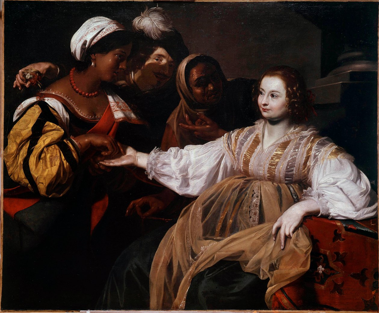 عراف امرأة أتت لاستشارة راح الكف. رسم نيكولاس ريجنير (1591-1667) صن. 1،2x1،5 م بواسطة نيكولاس رينييه