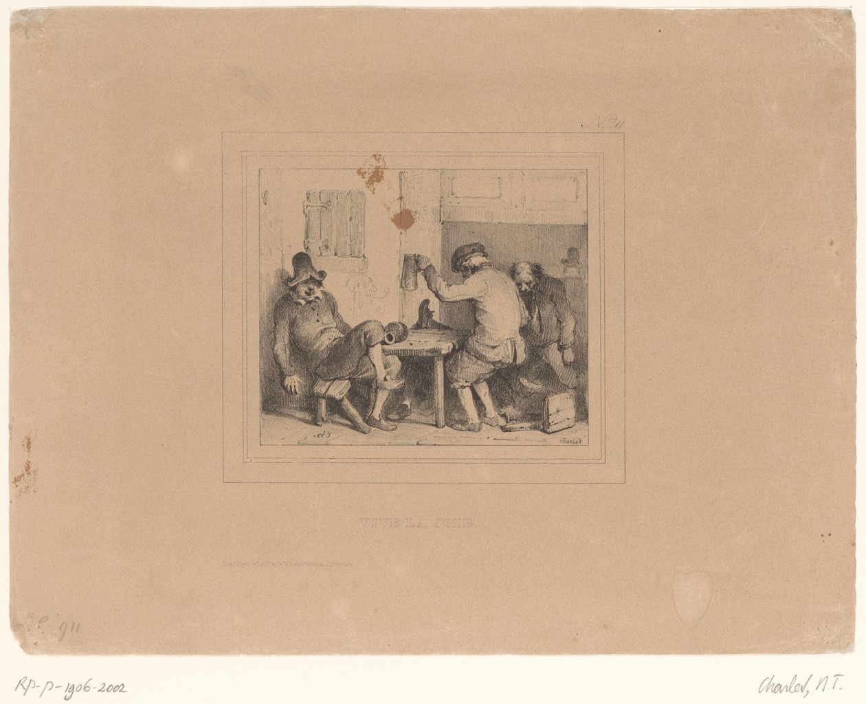 ثلاثة مزارعين في حالة سكر في حانة فيف لا جوي (العنوان على الكائن) اسكتشات 1837 (عنوان المسلسل) Croquis par Charlet 1837 (عنوان السلسلة) بواسطة الكسندر جبرائيل (بعد) ديكامبس