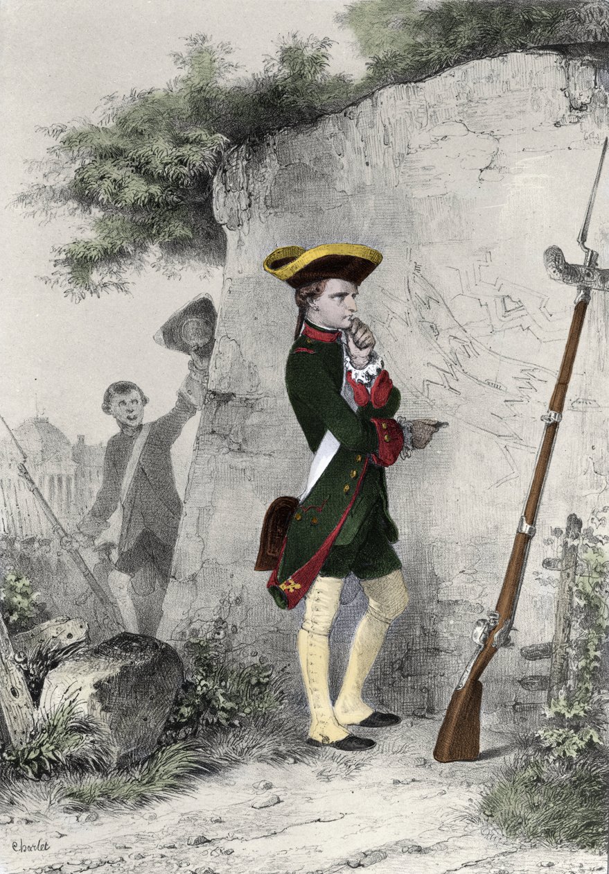 نابليون الأول بونابرت (1769 - 1821) في مدرسة برين العسكرية عام 1783. نقش لشارلت من القرن التاسع عشر. بواسطة الكسندر جبرائيل (بعد) ديكامبس