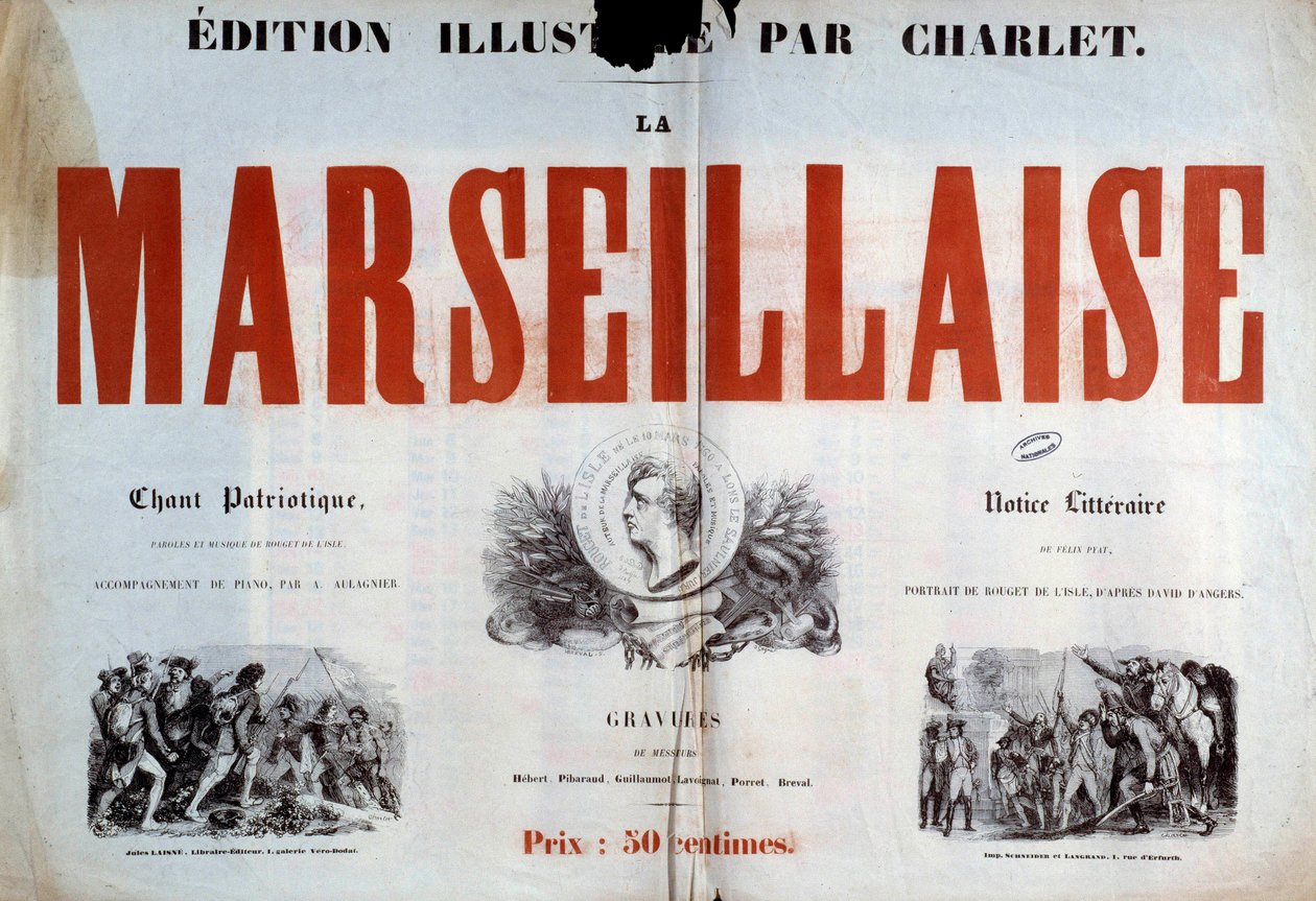 صفحة عنوان الأغنية الوطنية "La Marseillaise" ". رسم توضيحي لشارليت نيكولا توسان (1792-1845) في القرن التاسع عشر في باريس ، المحفوظات الوطنية. بواسطة الكسندر جبرائيل (بعد) ديكامبس