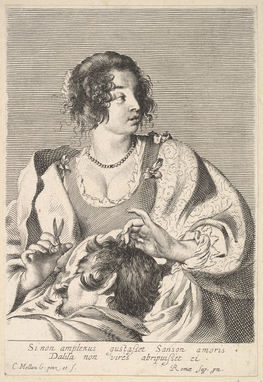 تستعد دليلة لقص شعر شمشون بمقص في يدها اليمنى ، أسفل صدرها ... ، كاليفورنيا. 1629. بواسطة نيكولاس فينوت