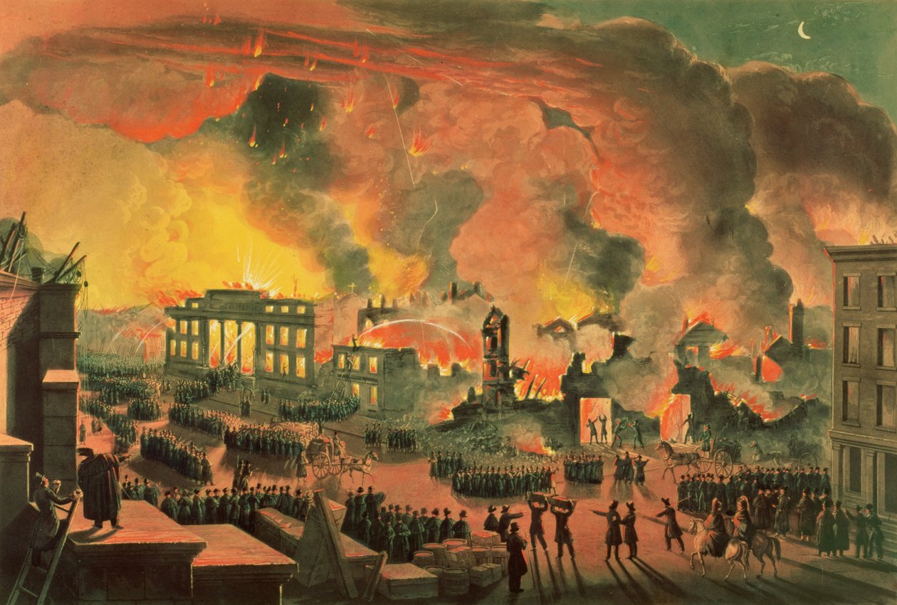 منظر للحريق العظيم في نيويورك ، 16 - 17 ديسمبر 1835 ، منقوش بواسطة ويليام جيمس بينيت (1787-1844) (نقش ملون) بواسطة نيكولينو كاليو