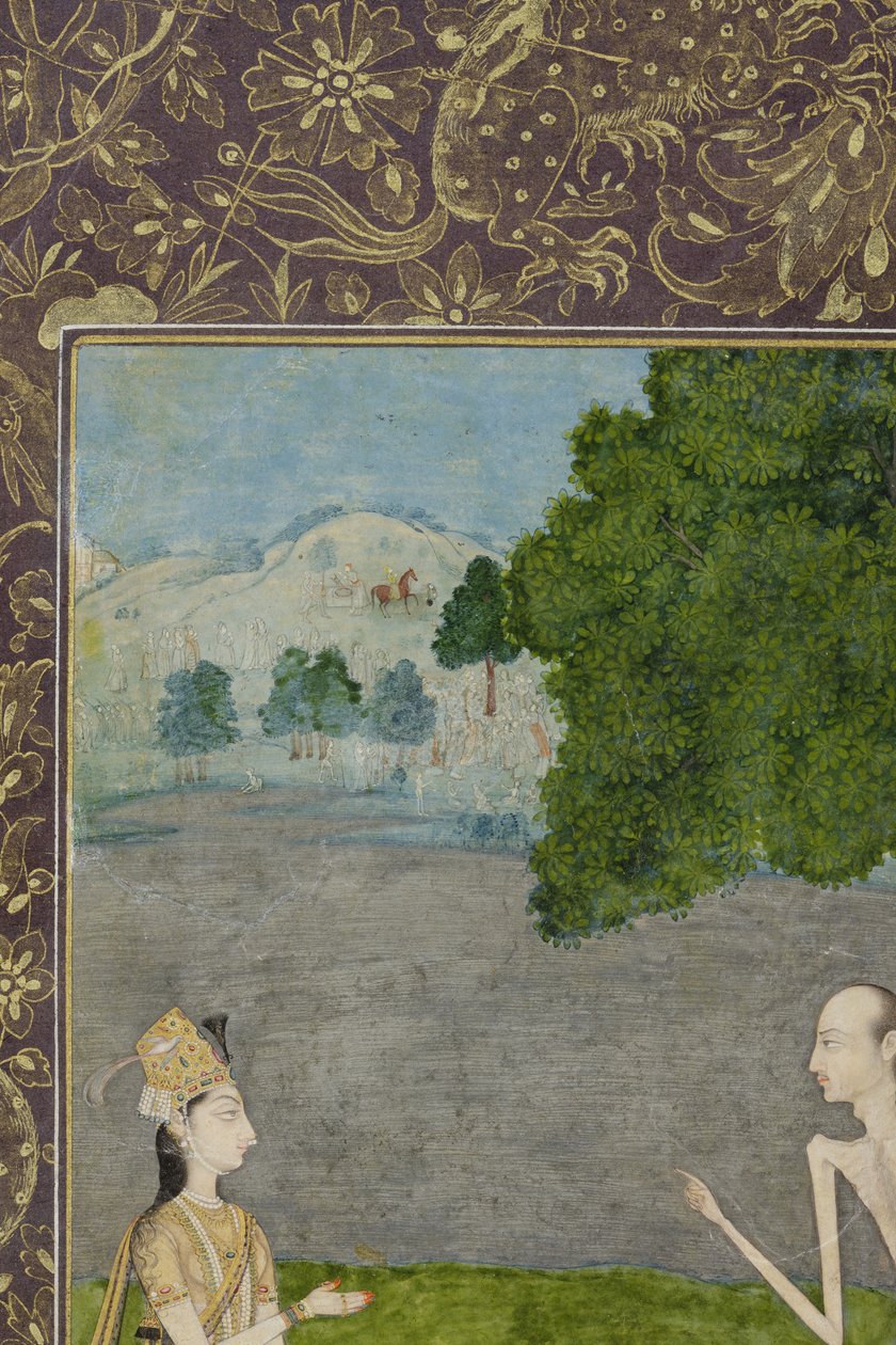 ليلى والمجنون يتحدثان تحت شجرة ، التفاصيل ، c.1730 (معتم ومغطى بالذهب على ورق) بواسطة نيهال تشاند