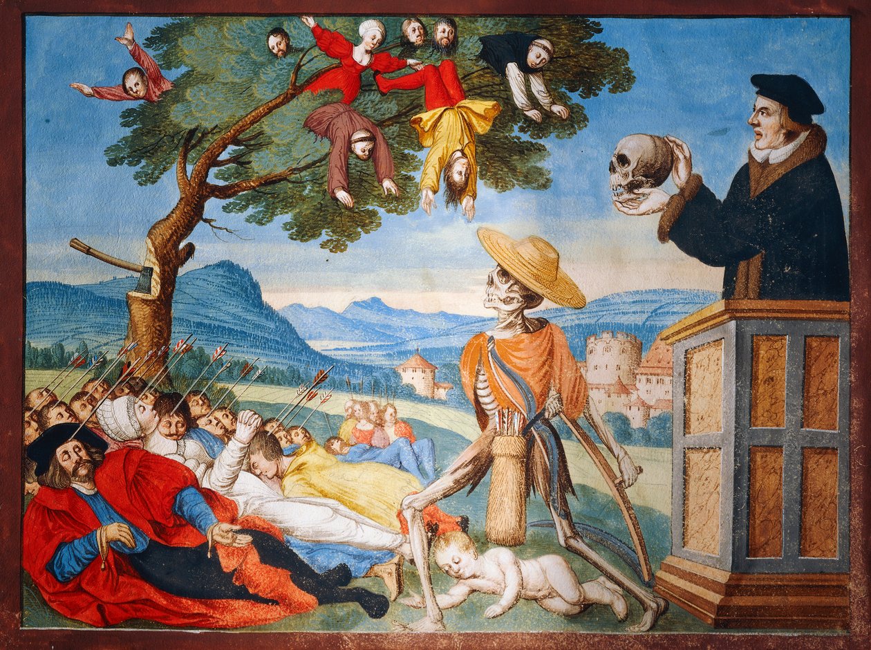 Death going into action with his scythe and men fall like dead leaves, sermon of Memento Mori from the Dance of Death cycle by Albrecht Kauw بواسطة نيكلاوس مانويل