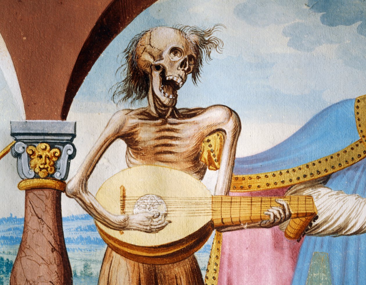 Death playing the mandola, detail of Death, the Patriarch and the Bishop from the Dance of Death cycle by Albrecht Kauw بواسطة نيكلاوس مانويل