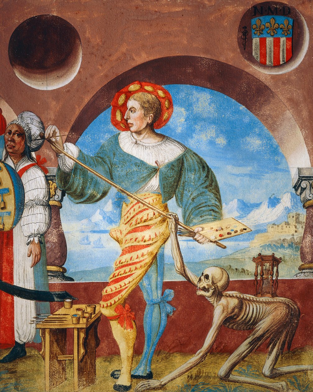 Death pulling brush from painter, detail of Death, group of pagans and Painter from the Dance of Death cycle by Albrecht Kauw بواسطة نيكلاوس مانويل