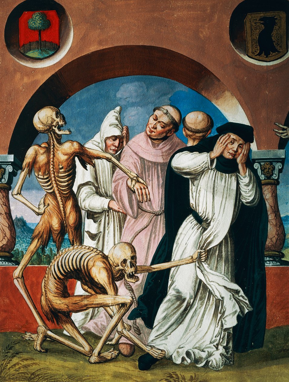 Death with monks, detail of Death, monks and Abbess from the Dance of Death cycle by Albrecht Kauw بواسطة نيكلاوس مانويل